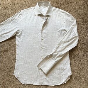 Ermenegildo Zegna White/Tan Checkered French Cuff Button Down Dress Shirt